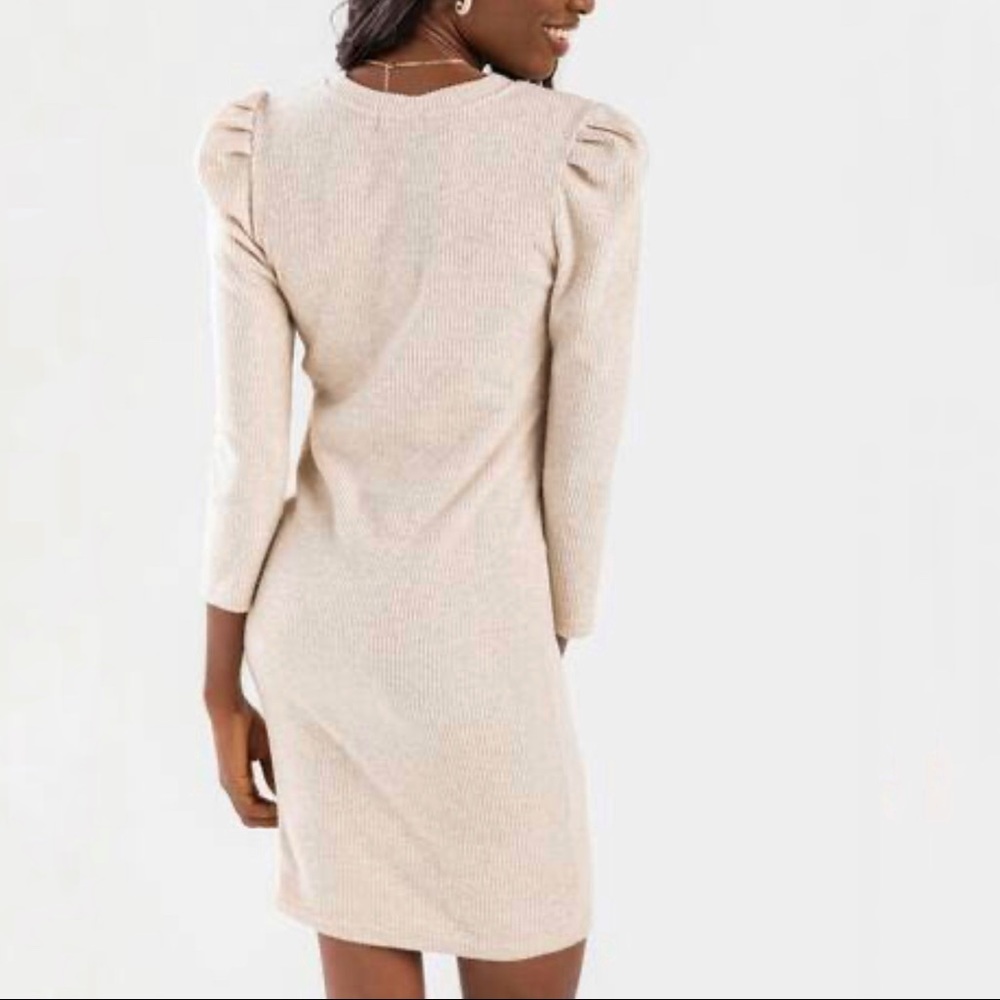 Harper Ruth Ribbed Knit Beige Mini Dress Long Sleeve Puff Shoulder-Medium